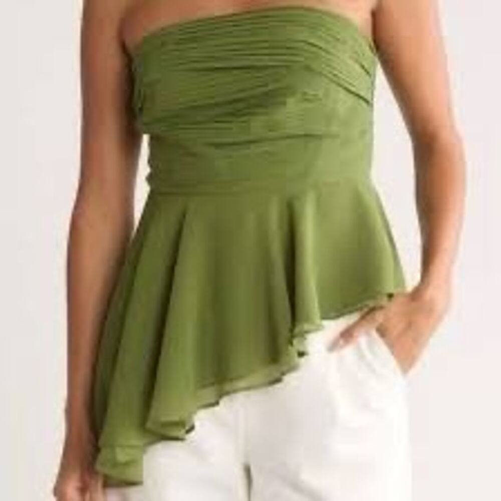 Parker Women's The Delilah Strapless Top 6 Green Asymmetrical Ruffled Pleated🌼